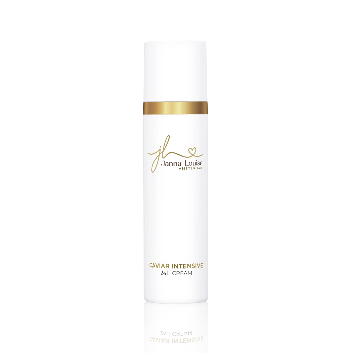 Witte cosmetische flacon met gouden accenten en logo van Janna Louise Amsterdam voor luxe gezichtsverzorging.