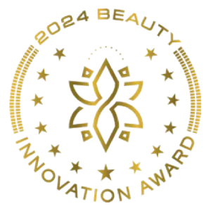 Gouden Beauty Innovation Awards-logo met gestileerde bloem en sterren in een cirkelvormig ontwerp.
