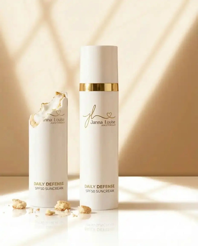 Witte luxe verpakking Daily Defense SPF50 - Sun Cream™ 50ML in licht met schaduw, huidverzorging ALLE HUIDTYPEN.